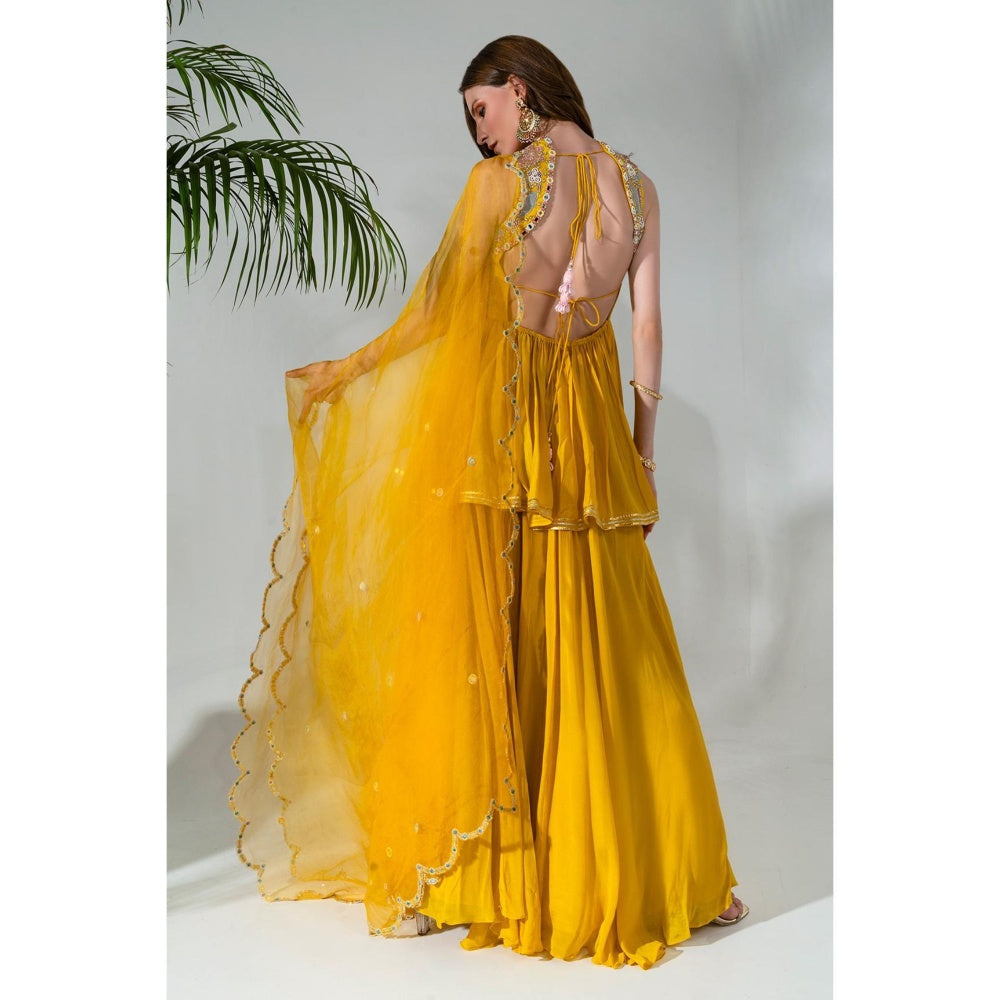 Neha Khullar Yellow Chiffon Kurti Sharara with Organza Dupatta (Set of 3)