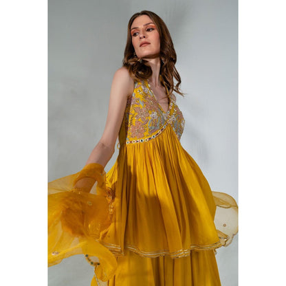 Neha Khullar Yellow Chiffon Kurti Sharara with Organza Dupatta (Set of 3)