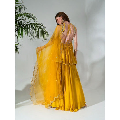 Neha Khullar Yellow Chiffon Kurti Sharara with Organza Dupatta (Set of 3)