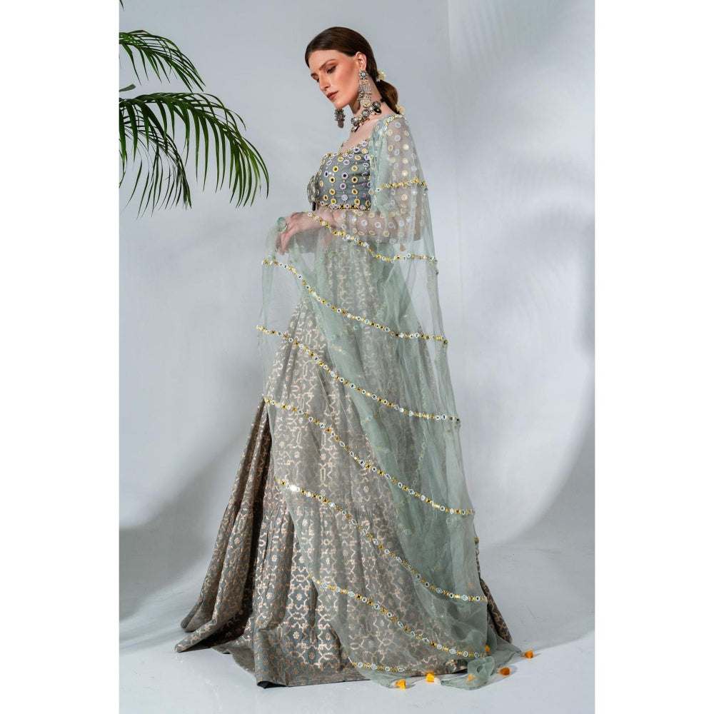 Neha Khullar Dusty Green Chanderi Silk Lehenga Blouse with Organza Dupatta (Set of 3)