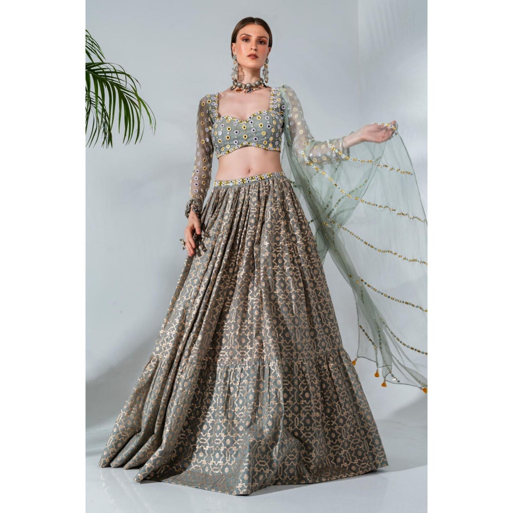Neha Khullar Dusty Green Chanderi Silk Lehenga Blouse with Organza Dupatta (Set of 3)