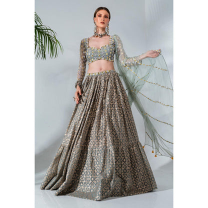 Neha Khullar Dusty Green Chanderi Silk Lehenga Blouse with Organza Dupatta (Set of 3)