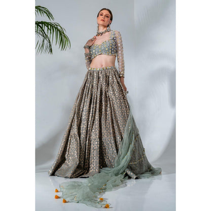 Neha Khullar Dusty Green Chanderi Silk Lehenga Blouse with Organza Dupatta (Set of 3)