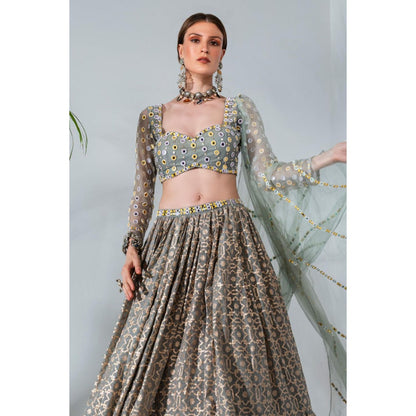 Neha Khullar Dusty Green Chanderi Silk Lehenga Blouse with Organza Dupatta (Set of 3)