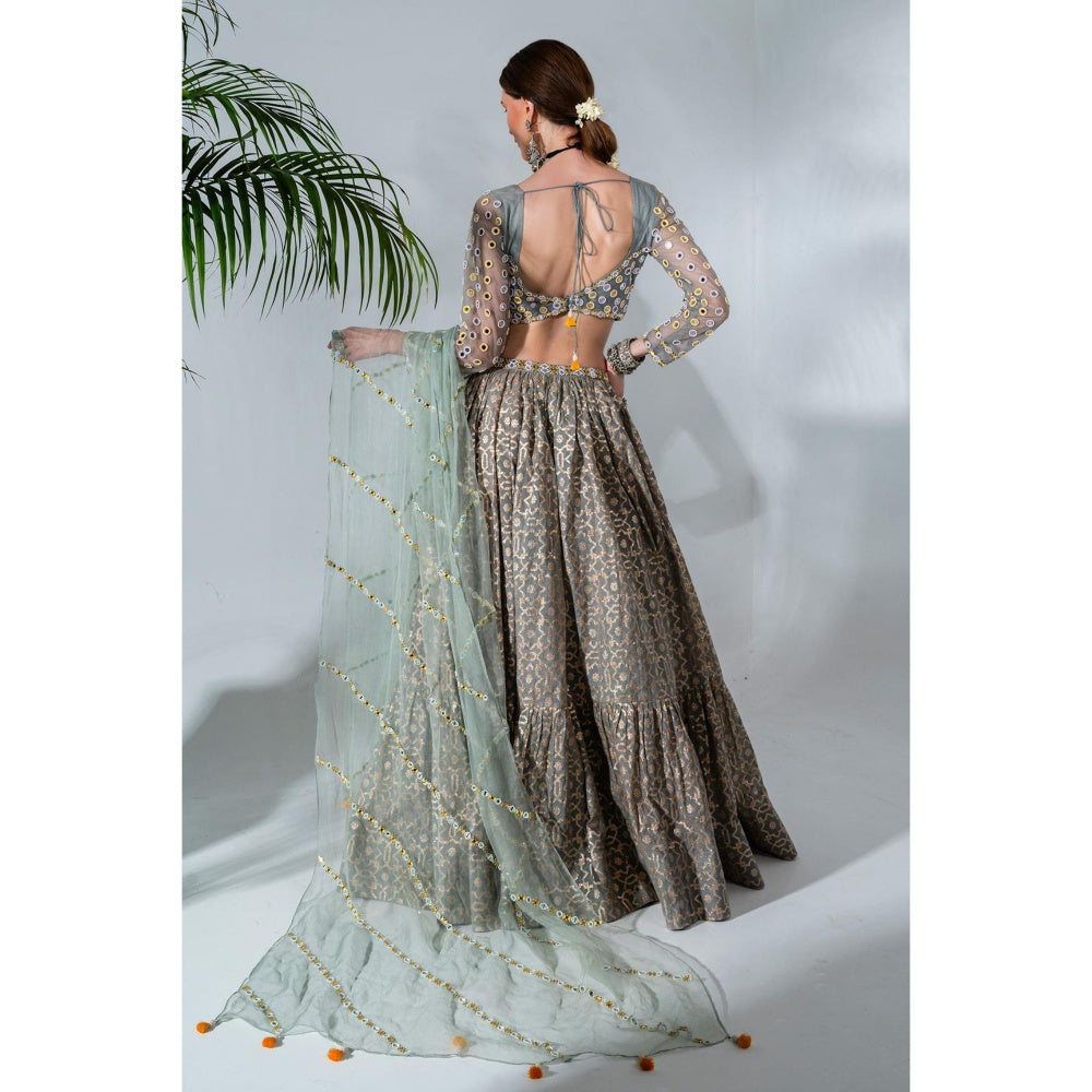 Neha Khullar Dusty Green Chanderi Silk Lehenga Blouse with Organza Dupatta (Set of 3)