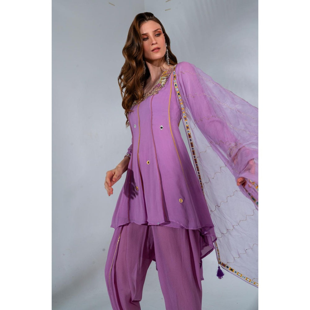 Neha Khullar Lilac Georgette and Organza Dupatta Anarkali Dhoti with Dupatta (Set of 3)