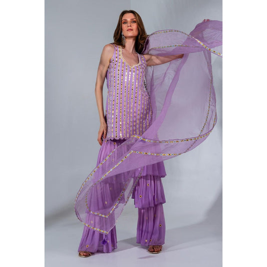 Neha Khullar Lilac Georgette Kurti Sharara with Organza Dupatta (Set of 3)