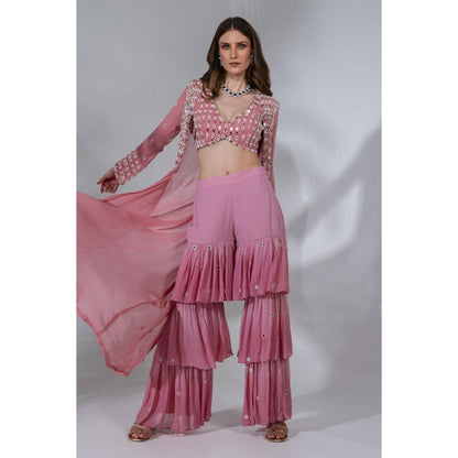 Neha Khullar Pink Jacket Georgette Blouse Sharara with Jacket (Set of 3)