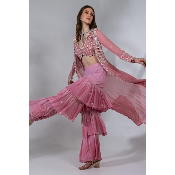 Neha Khullar Pink Jacket Georgette Blouse Sharara with Jacket (Set of 3)