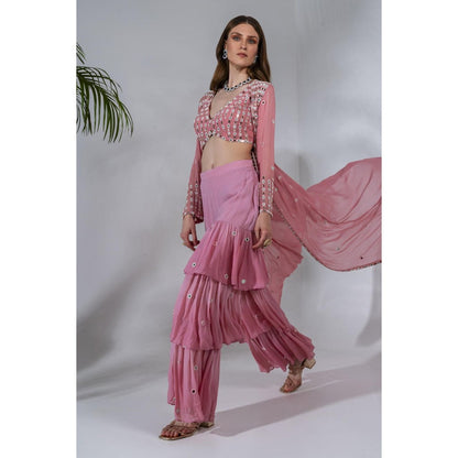 Neha Khullar Pink Jacket Georgette Blouse Sharara with Jacket (Set of 3)