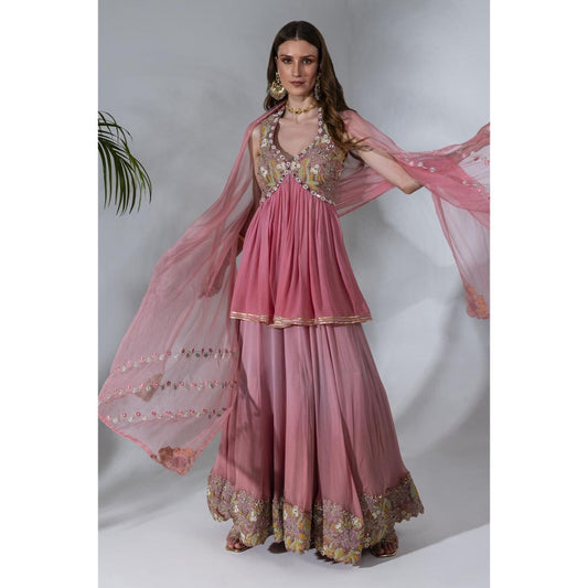 Neha Khullar Pink Georgette Kurti Sharara with Organza Dupatta (Set of 3)