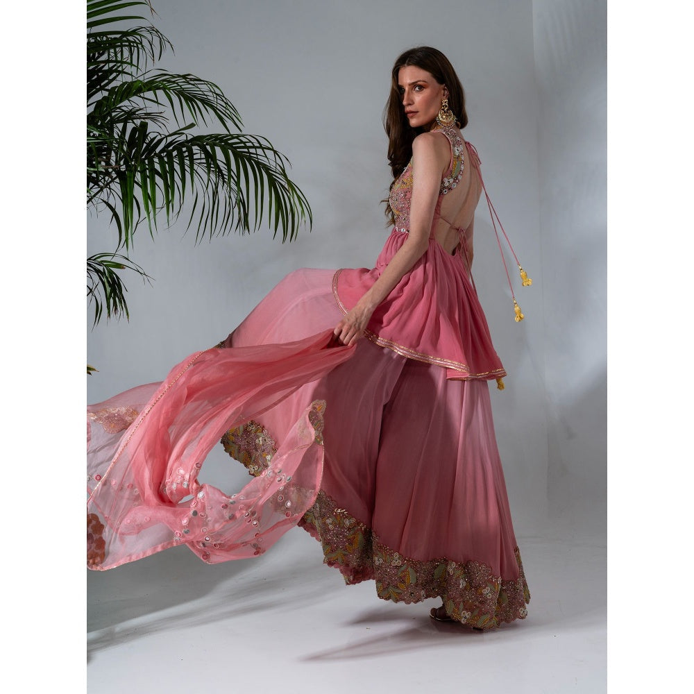 Neha Khullar Pink Georgette Kurti Sharara with Organza Dupatta (Set of 3)