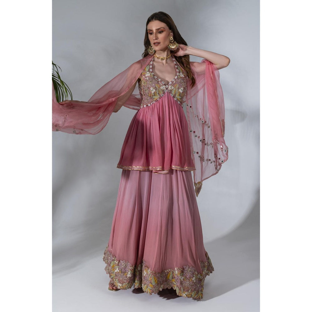 Neha Khullar Pink Georgette Kurti Sharara with Organza Dupatta (Set of 3)