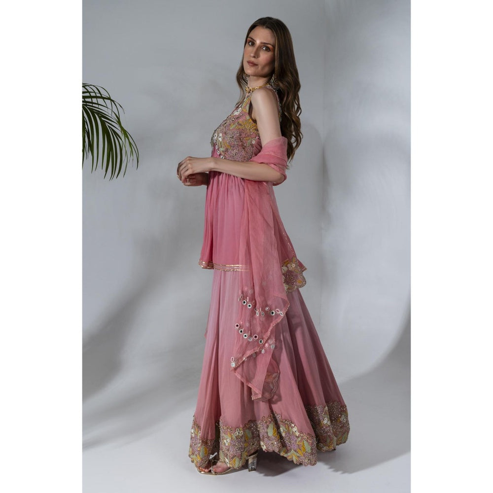 Neha Khullar Pink Georgette Kurti Sharara with Organza Dupatta (Set of 3)