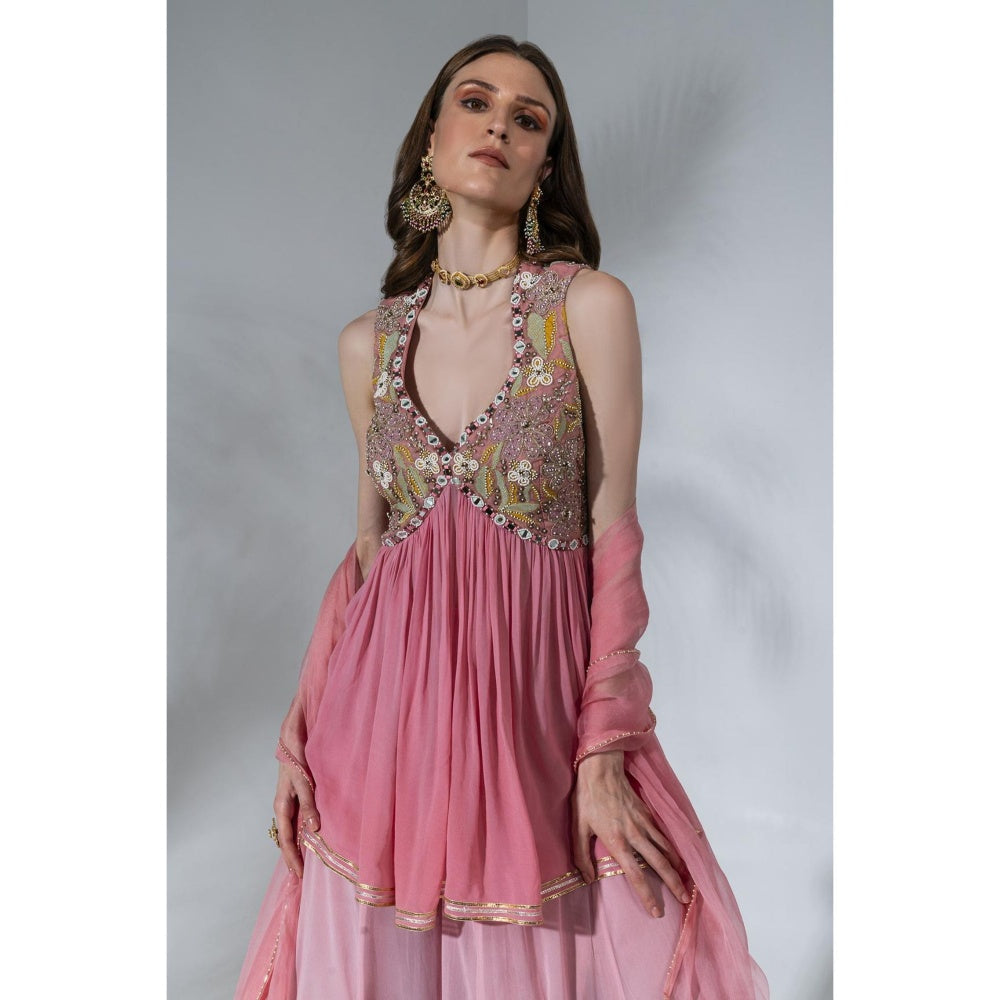 Neha Khullar Pink Georgette Kurti Sharara with Organza Dupatta (Set of 3)