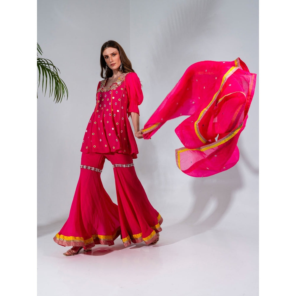 Neha Khullar Fuchsia Georgette Kurti Sharara with Organza Dupatta (Set of 3)