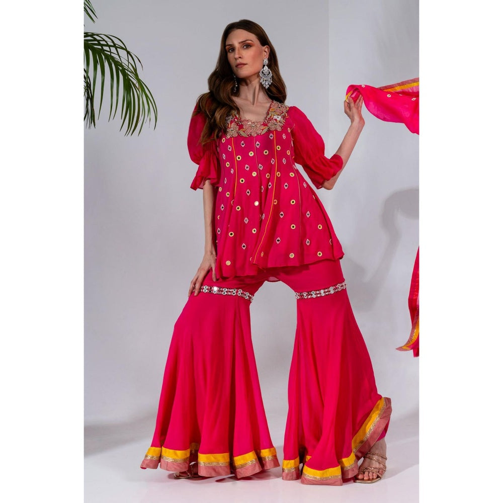 Neha Khullar Fuchsia Georgette Kurti Sharara with Organza Dupatta (Set of 3)