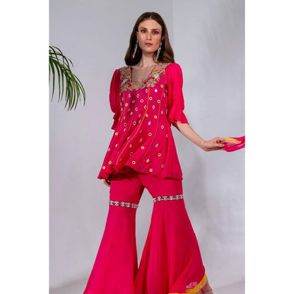 Neha Khullar Fuchsia Georgette Kurti Sharara with Organza Dupatta (Set of 3)