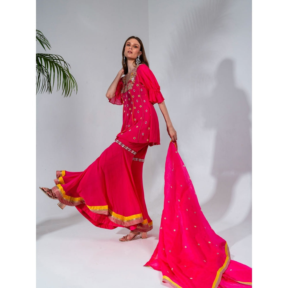 Neha Khullar Fuchsia Georgette Kurti Sharara with Organza Dupatta (Set of 3)