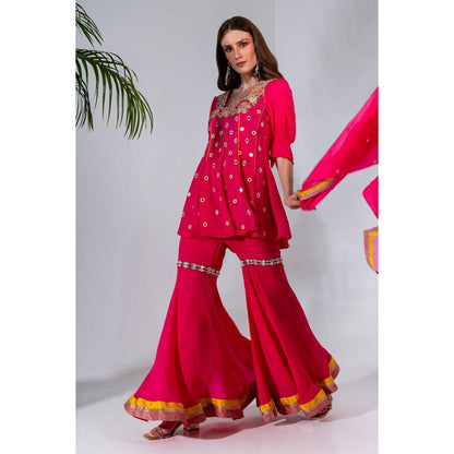 Neha Khullar Fuchsia Georgette Kurti Sharara with Organza Dupatta (Set of 3)
