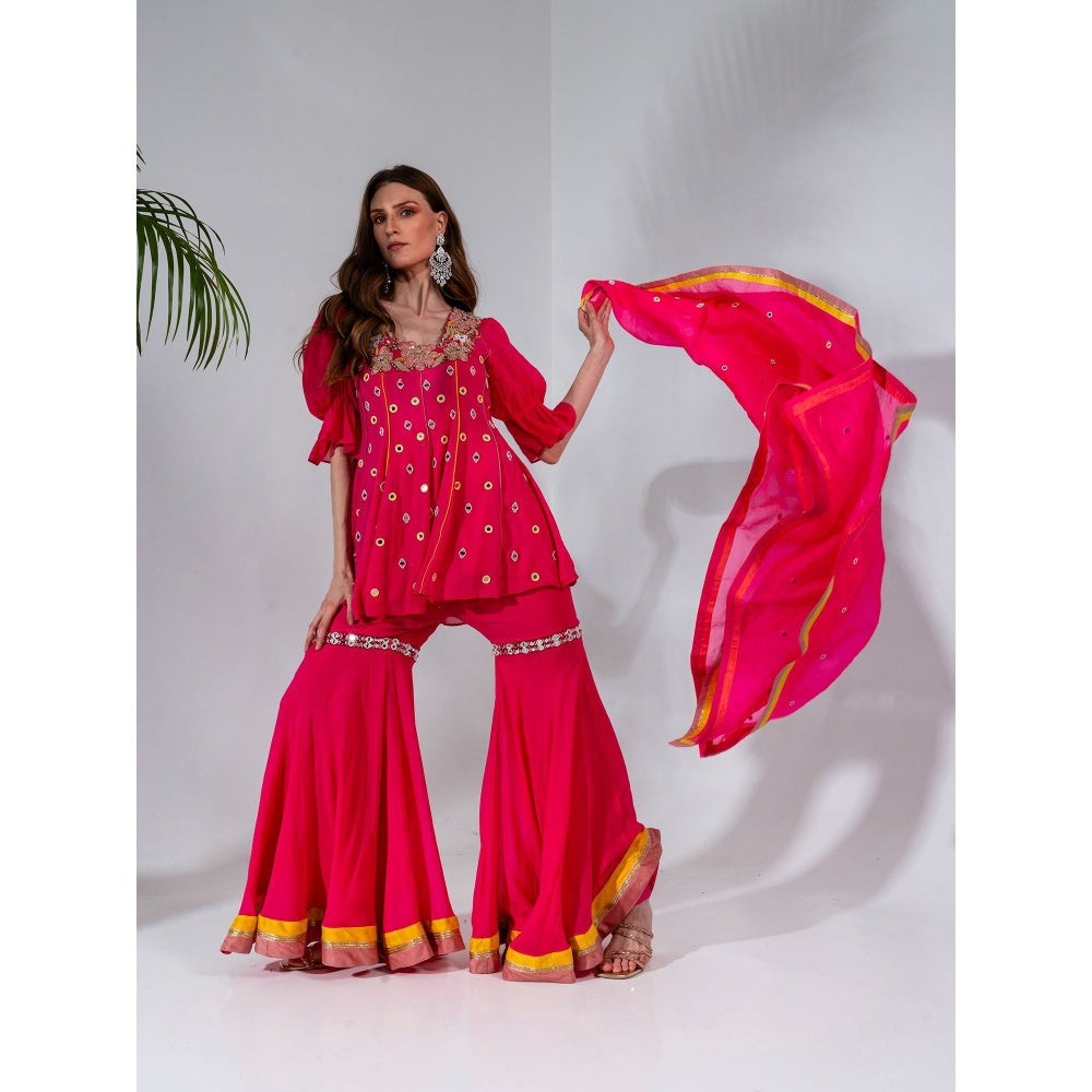 Neha Khullar Fuchsia Georgette Kurti Sharara with Organza Dupatta (Set of 3)