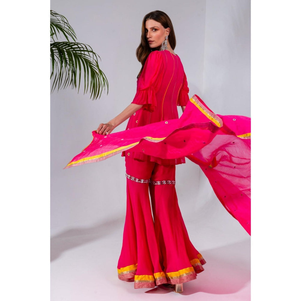 Neha Khullar Fuchsia Georgette Kurti Sharara with Organza Dupatta (Set of 3)