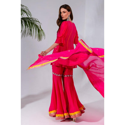 Neha Khullar Fuchsia Georgette Kurti Sharara with Organza Dupatta (Set of 3)