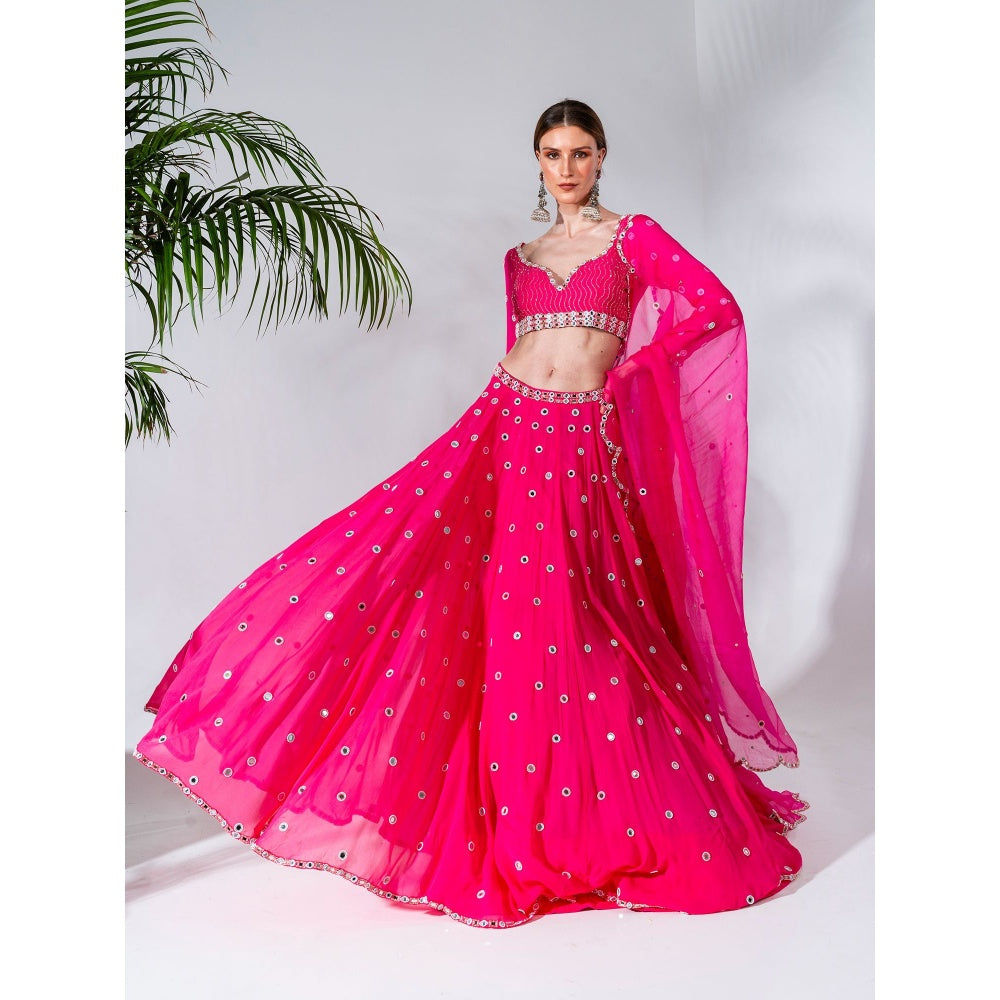 Neha Khullar Fuchsia Georgette Lehenga Blouse with Organza Dupatta (Set of 3)