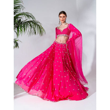 Neha Khullar Fuchsia Georgette Lehenga Blouse with Organza Dupatta (Set of 3)