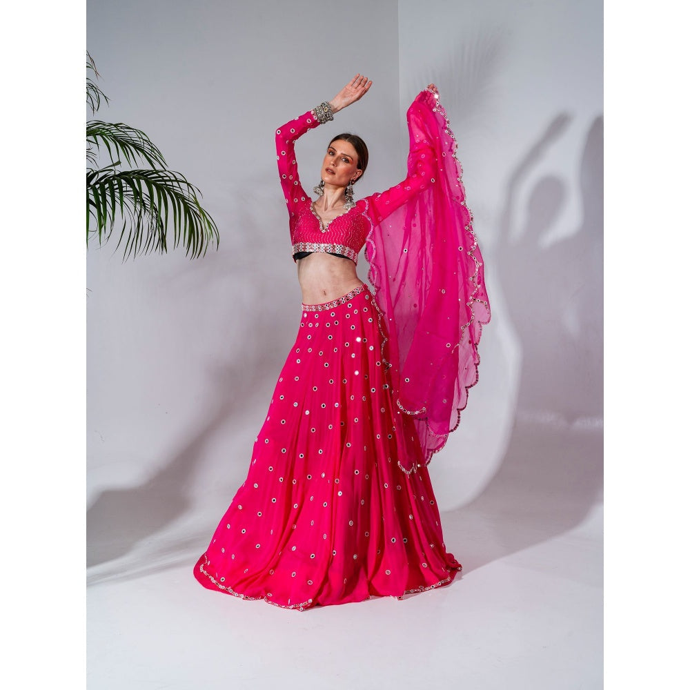 Neha Khullar Fuchsia Georgette Lehenga Blouse with Organza Dupatta (Set of 3)