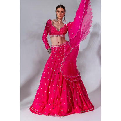 Neha Khullar Fuchsia Georgette Lehenga Blouse with Organza Dupatta (Set of 3)