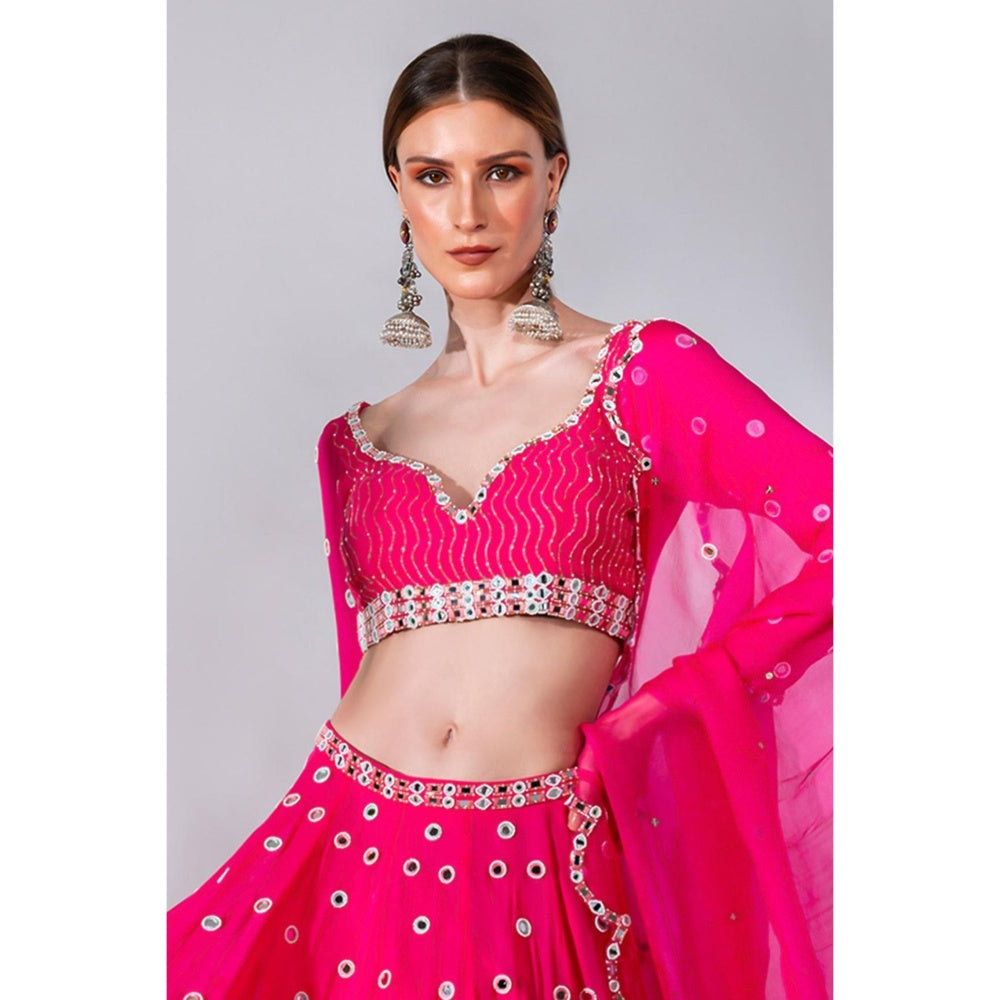 Neha Khullar Fuchsia Georgette Lehenga Blouse with Organza Dupatta (Set of 3)