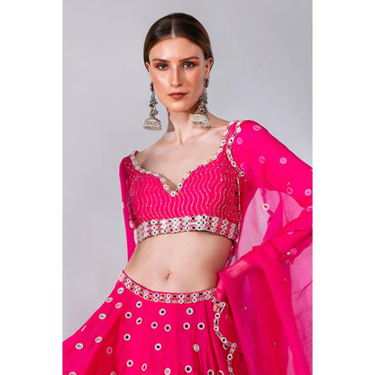 Neha Khullar Fuchsia Georgette Lehenga Blouse with Organza Dupatta (Set of 3)