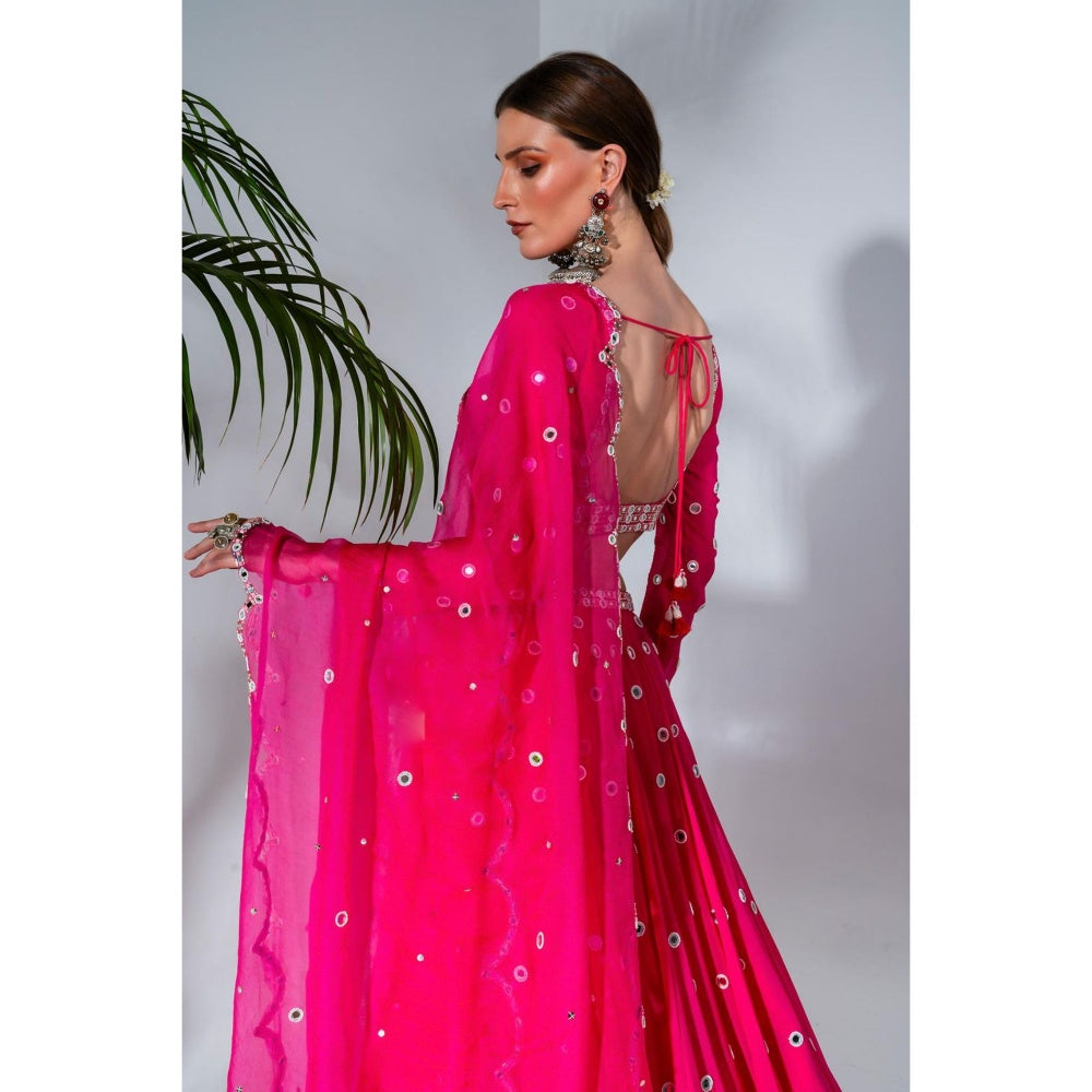 Neha Khullar Fuchsia Georgette Lehenga Blouse with Organza Dupatta (Set of 3)