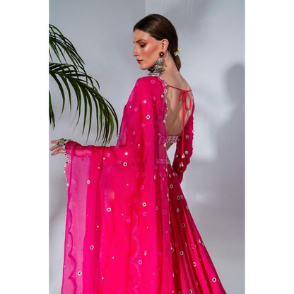 Neha Khullar Fuchsia Georgette Lehenga Blouse with Organza Dupatta (Set of 3)