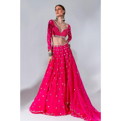 Neha Khullar Fuchsia Georgette Lehenga Blouse with Organza Dupatta (Set of 3)