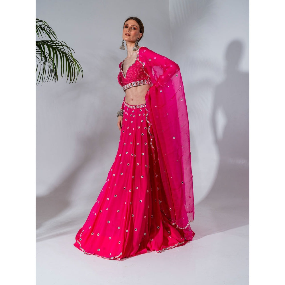 Neha Khullar Fuchsia Georgette Lehenga Blouse with Organza Dupatta (Set of 3)