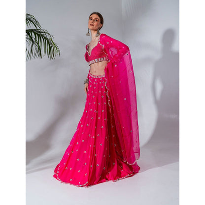 Neha Khullar Fuchsia Georgette Lehenga Blouse with Organza Dupatta (Set of 3)