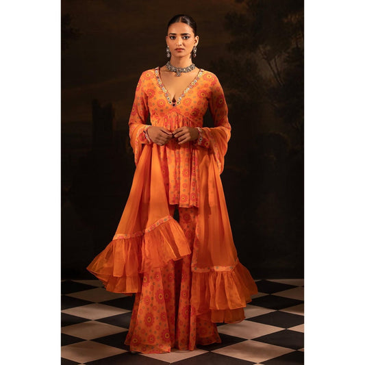Neha Khullar Tangerine Georgette Kurti Sharara with Dupatta (Set of 3)