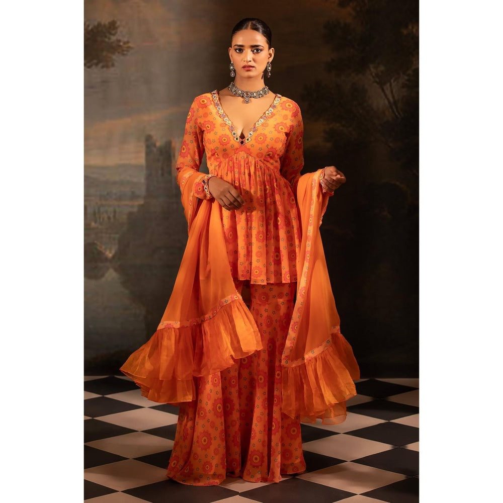 Neha Khullar Tangerine Georgette Kurti Sharara with Dupatta (Set of 3)