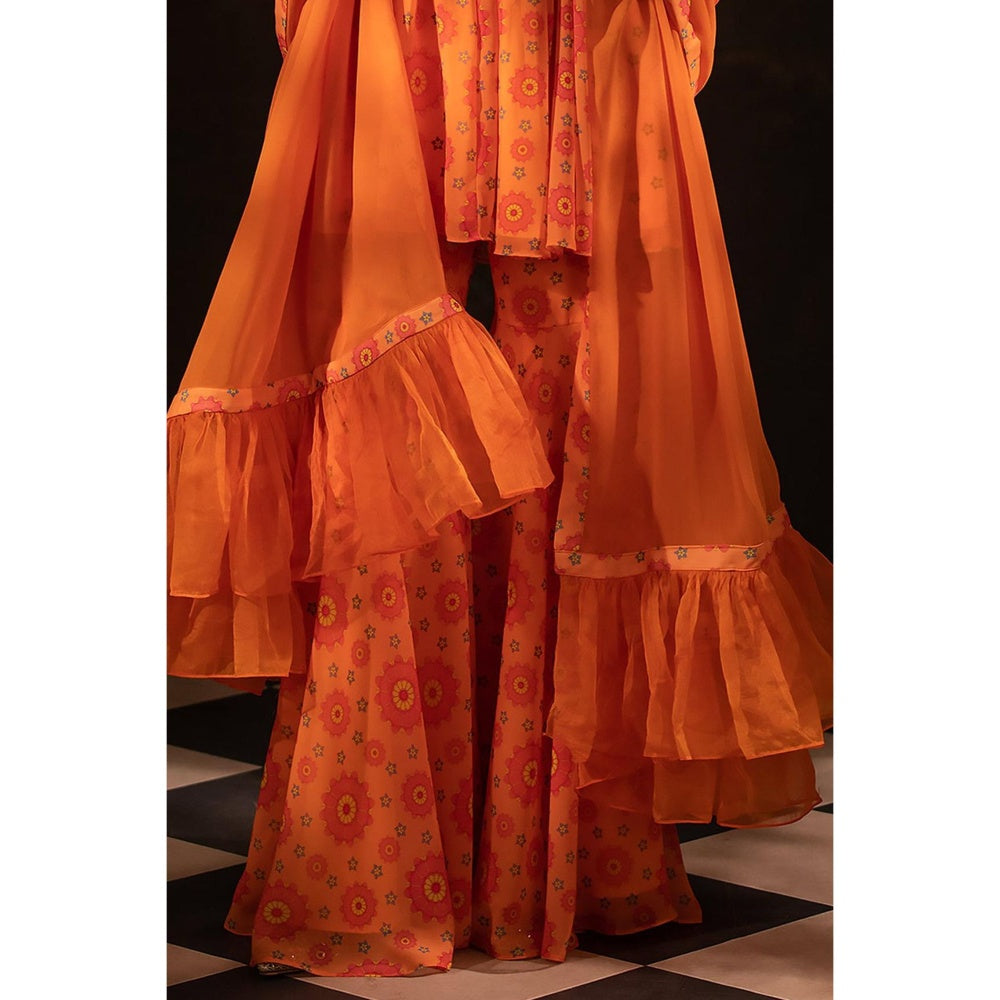 Neha Khullar Tangerine Georgette Kurti Sharara with Dupatta (Set of 3)