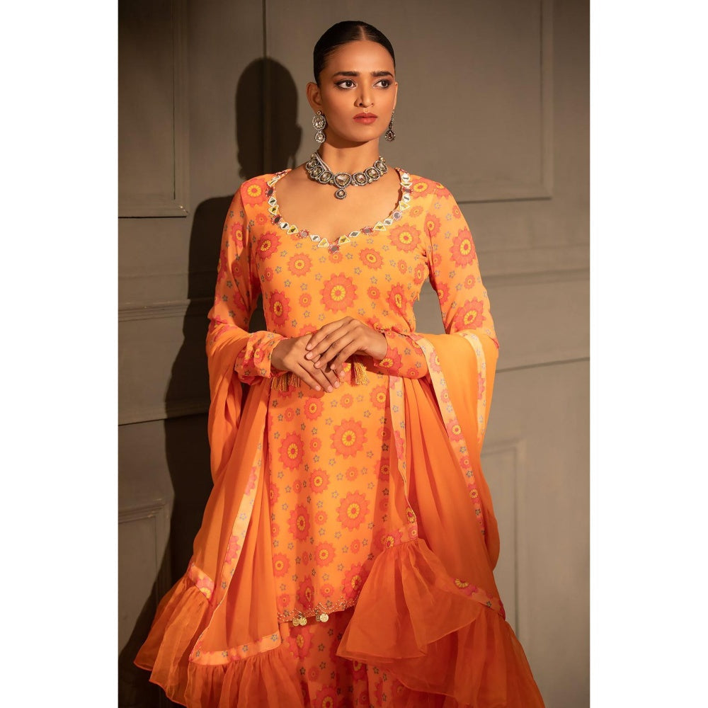 Neha Khullar Tangerine Georgette Kurti Sharara with Dupatta (Set of 3)