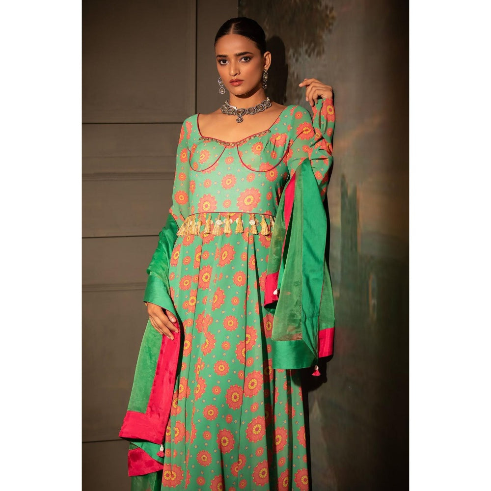 Neha Khullar Green Georgette Anarkali Pant with Dupatta (Set of 3)