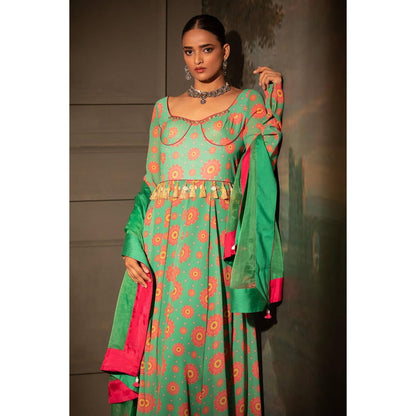 Neha Khullar Green Georgette Anarkali Pant with Dupatta (Set of 3)