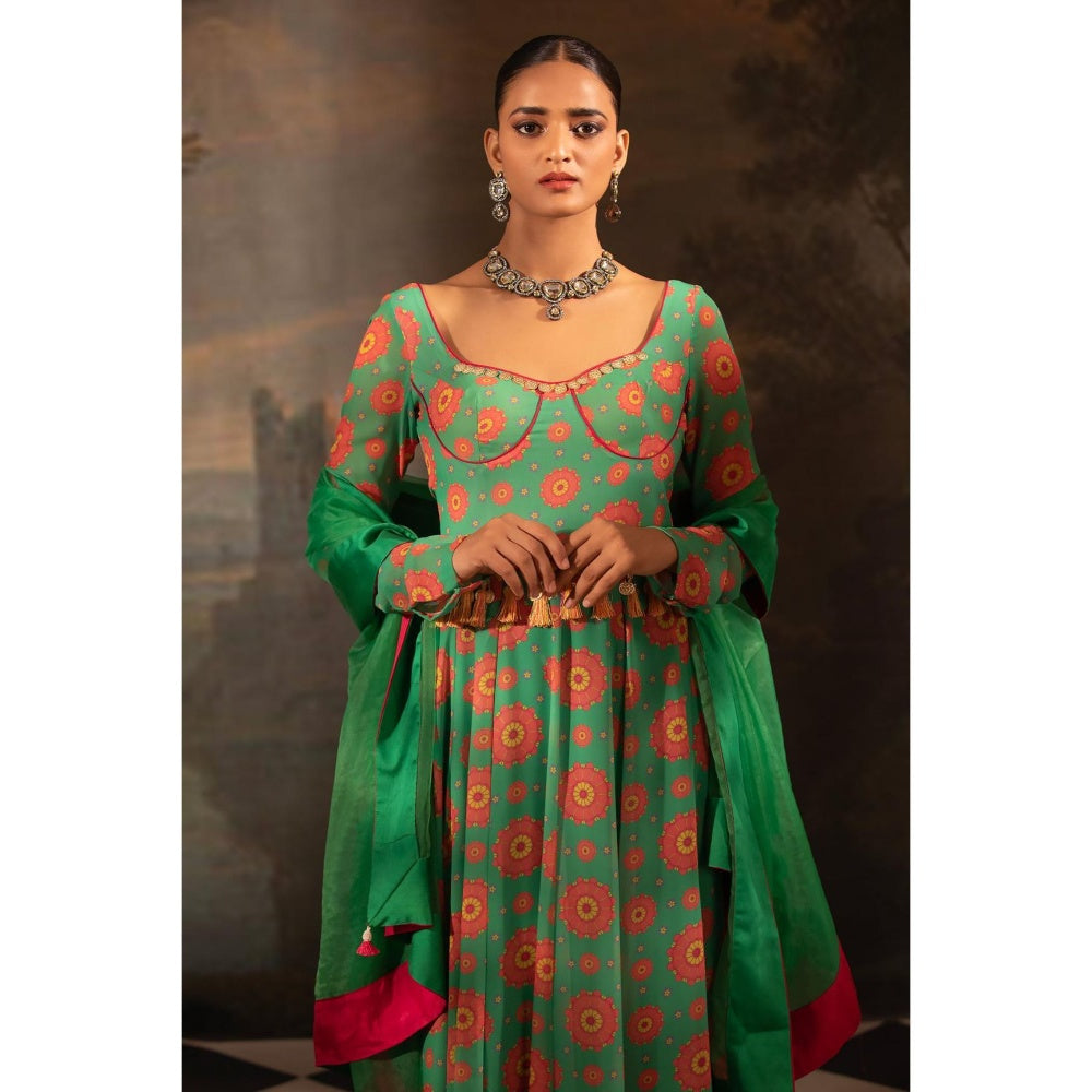 Neha Khullar Green Georgette Anarkali Pant with Dupatta (Set of 3)