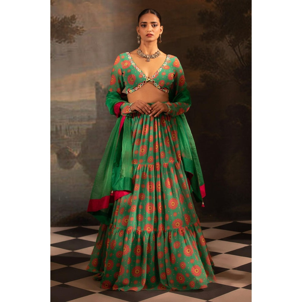 Neha Khullar Green Georgette Lehenga Blouse with Dupatta (Set of 3)