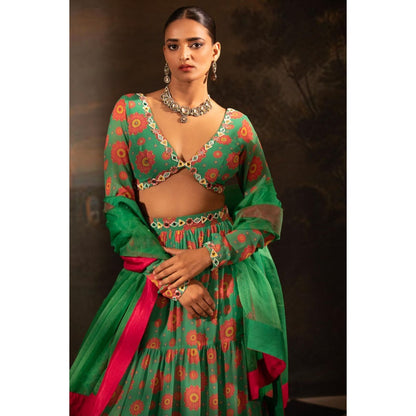 Neha Khullar Green Georgette Lehenga Blouse with Dupatta (Set of 3)