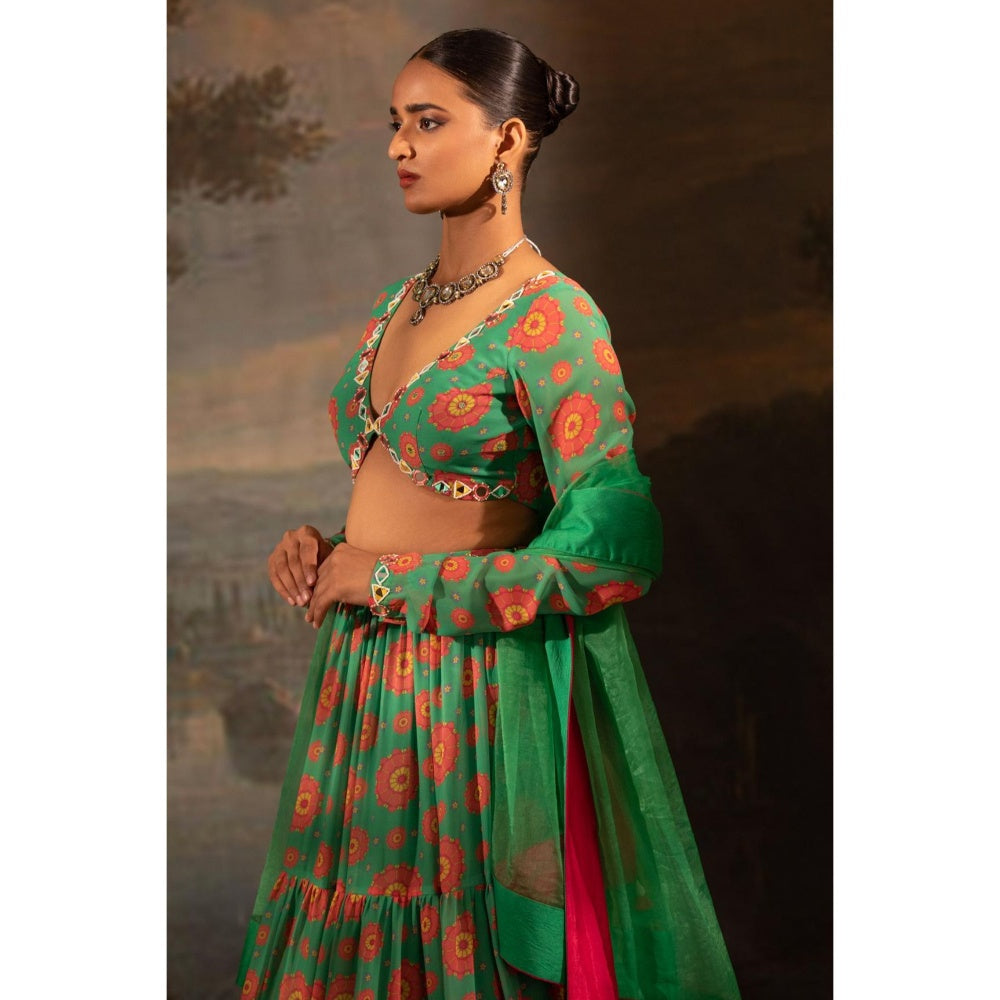 Neha Khullar Green Georgette Lehenga Blouse with Dupatta (Set of 3)