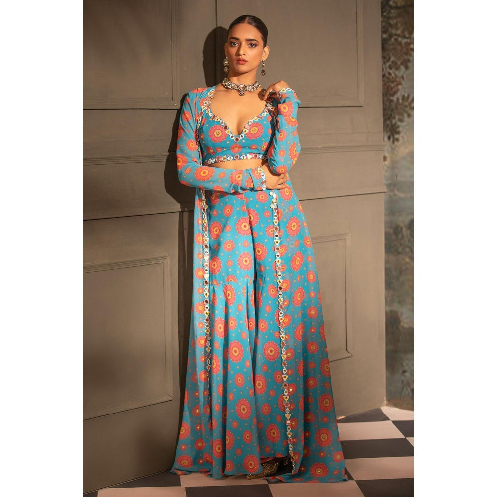 Neha Khullar Blue Georgette Blouse Jacket with Palazzo (Set of 3)