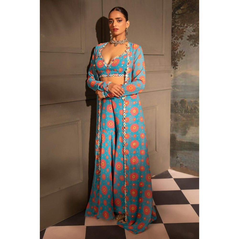 Neha Khullar Blue Georgette Blouse Jacket with Palazzo (Set of 3)